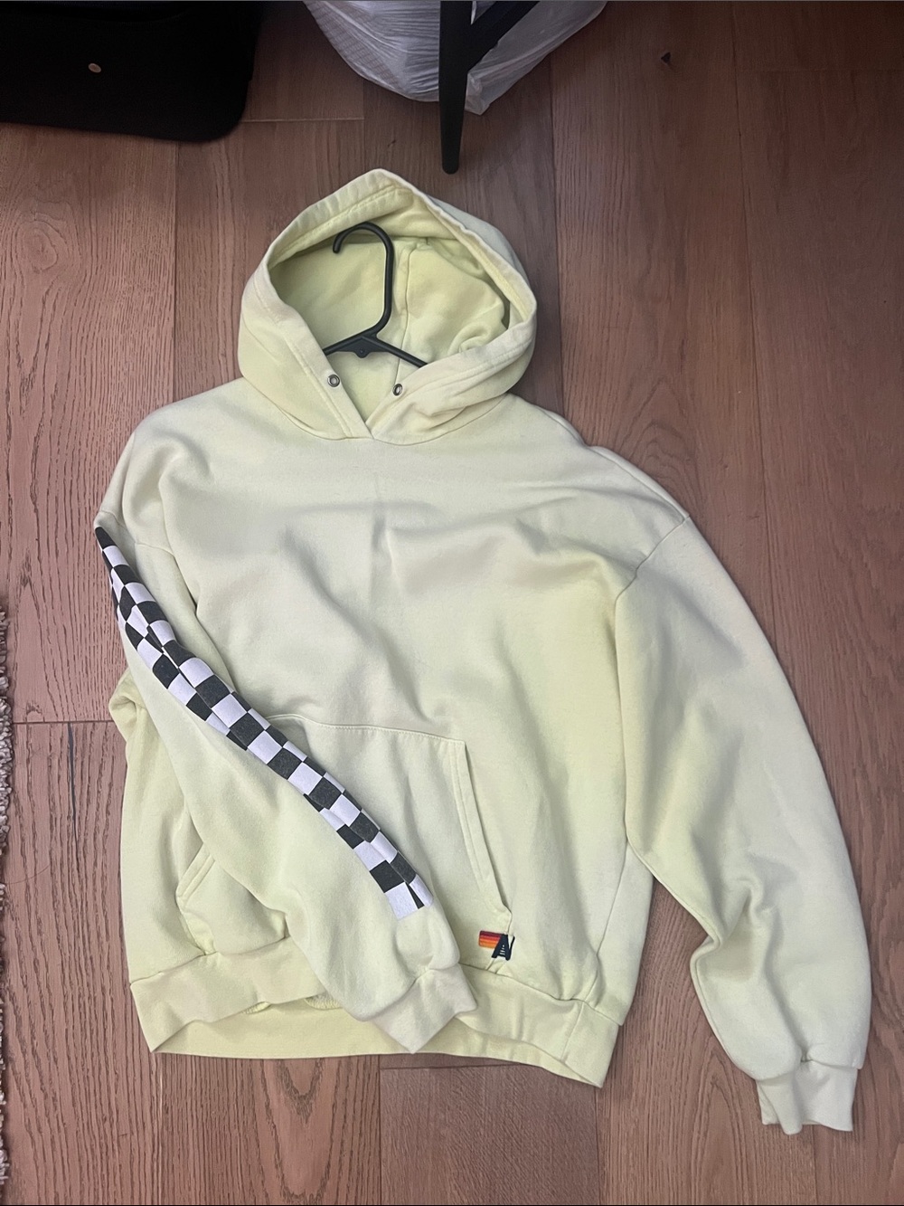 Aviator Nation Pale Yellow Hoodie with Black-and-White Checker Stripe